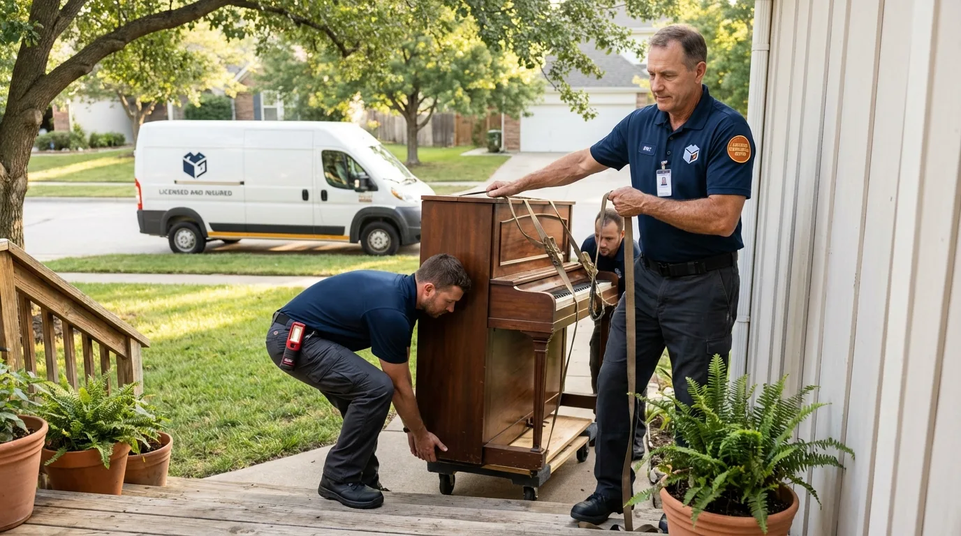 Licensed piano movers securing grand piano in Cornwall, PA
