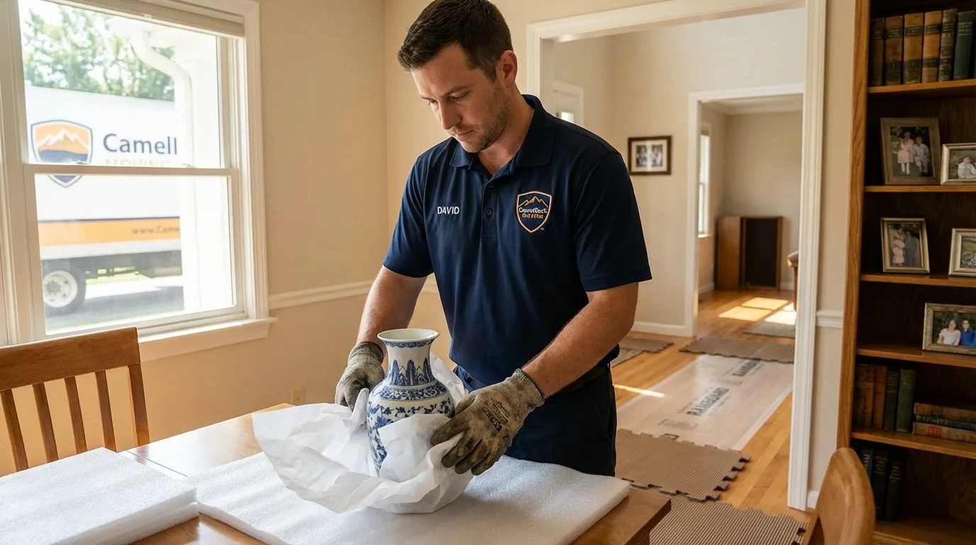 Professional crew carefully wrapping antique vase for senior downsizing move in Cornwall, PA